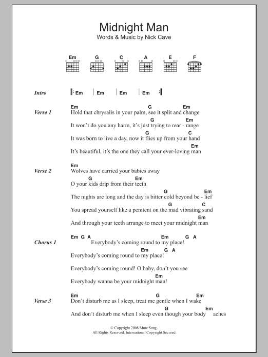 Nick Cave Midnight Man sheet music notes and chords arranged for Guitar Chords/Lyrics