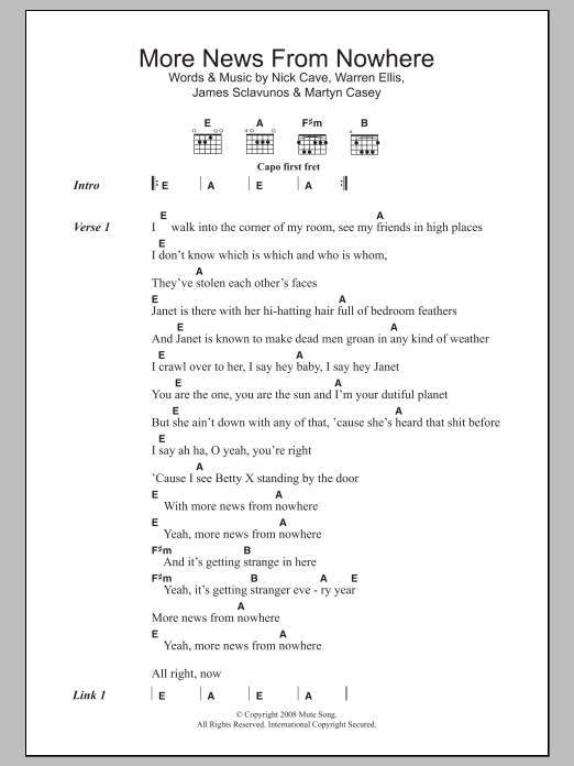Nick Cave More News From Nowhere sheet music notes and chords arranged for Guitar Chords/Lyrics