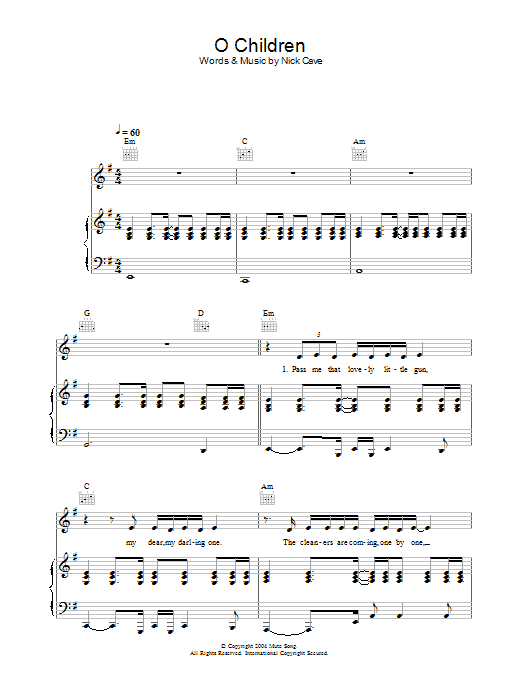 Nick Cave O Children sheet music notes and chords arranged for Piano, Vocal & Guitar Chords