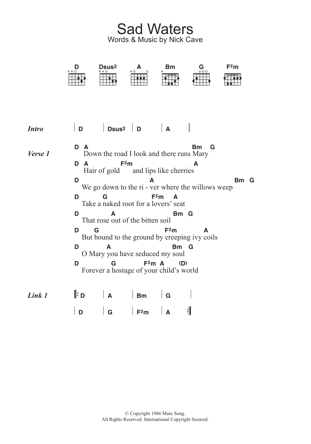 Nick Cave Sad Waters sheet music notes and chords arranged for Guitar Chords/Lyrics
