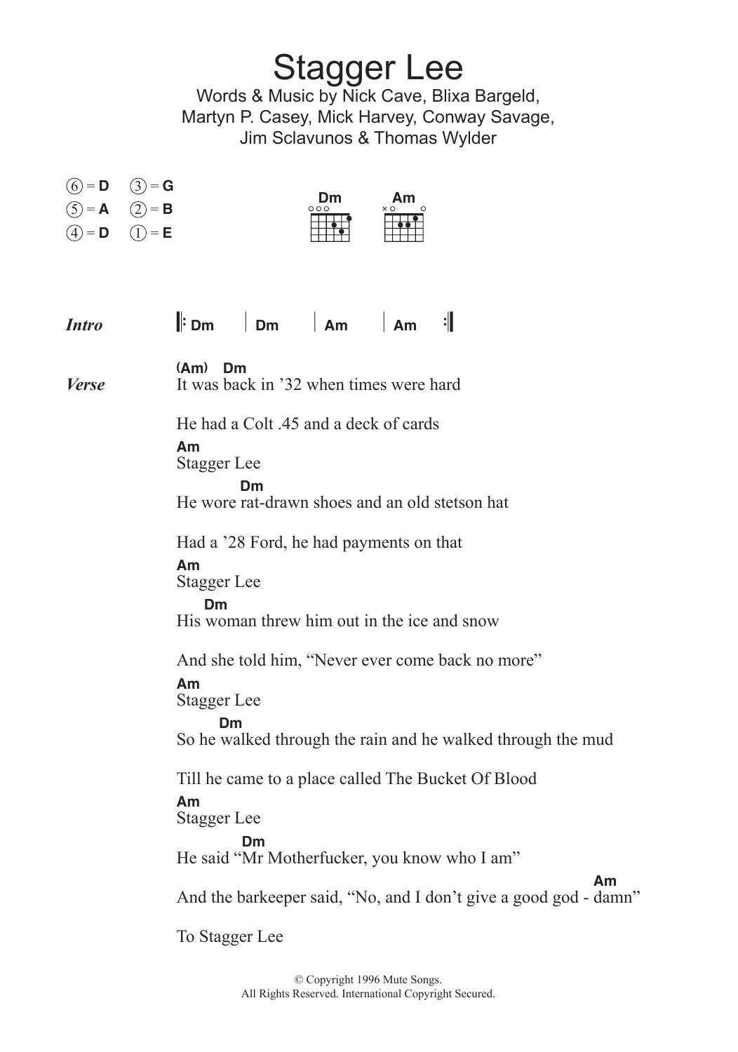 Nick Cave Stagger Lee sheet music notes and chords arranged for Guitar Chords/Lyrics