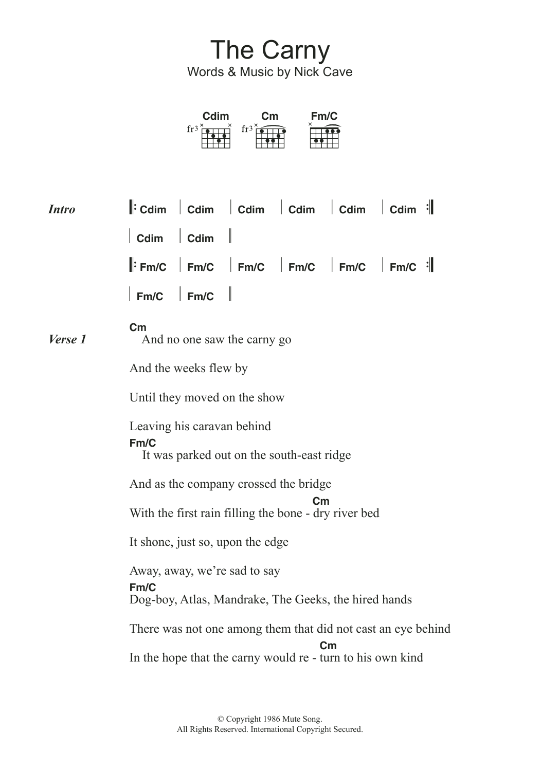 Nick Cave The Carny sheet music notes and chords arranged for Guitar Chords/Lyrics