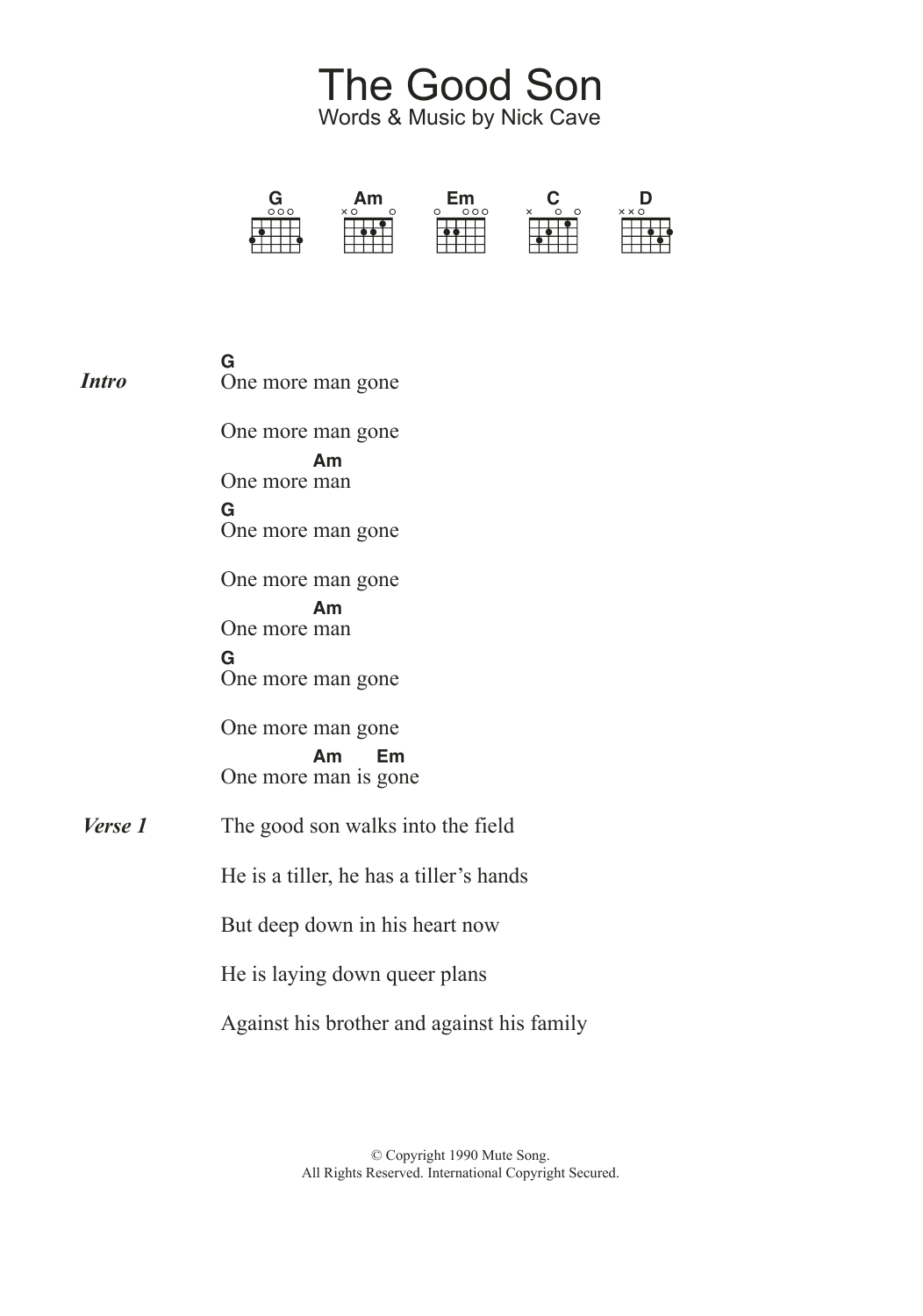 Nick Cave The Good Son sheet music notes and chords arranged for Guitar Chords/Lyrics