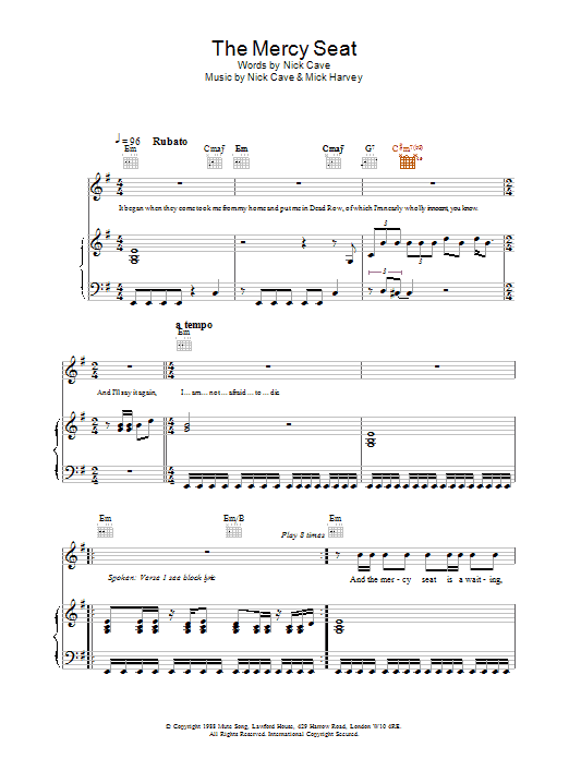Nick Cave The Mercy Seat sheet music notes and chords arranged for Piano, Vocal & Guitar Chords