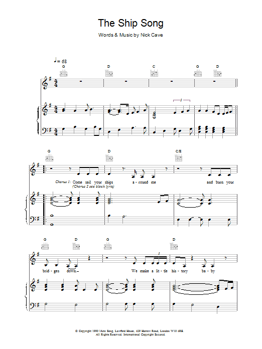 Nick Cave The Ship Song sheet music notes and chords arranged for Piano, Vocal & Guitar Chords