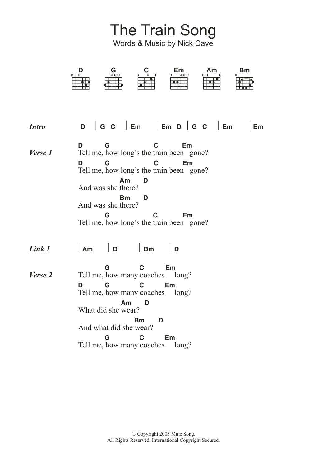 Nick Cave The Train Song sheet music notes and chords arranged for Guitar Chords/Lyrics
