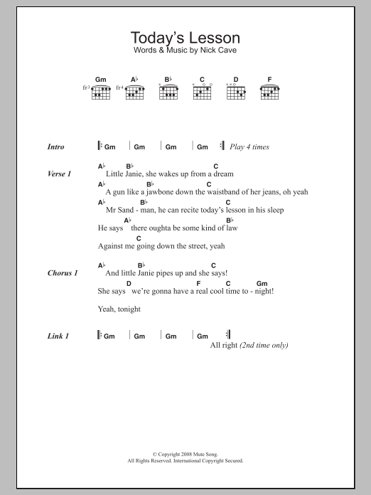 Nick Cave Today's Lesson sheet music notes and chords arranged for Guitar Chords/Lyrics