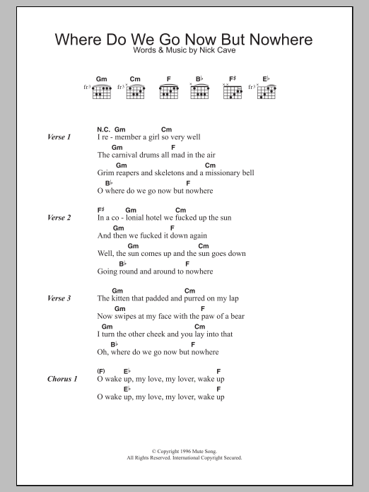 Nick Cave & The Bad Seeds Where Do We Go Now But Nowhere sheet music notes and chords arranged for Guitar Chords/Lyrics