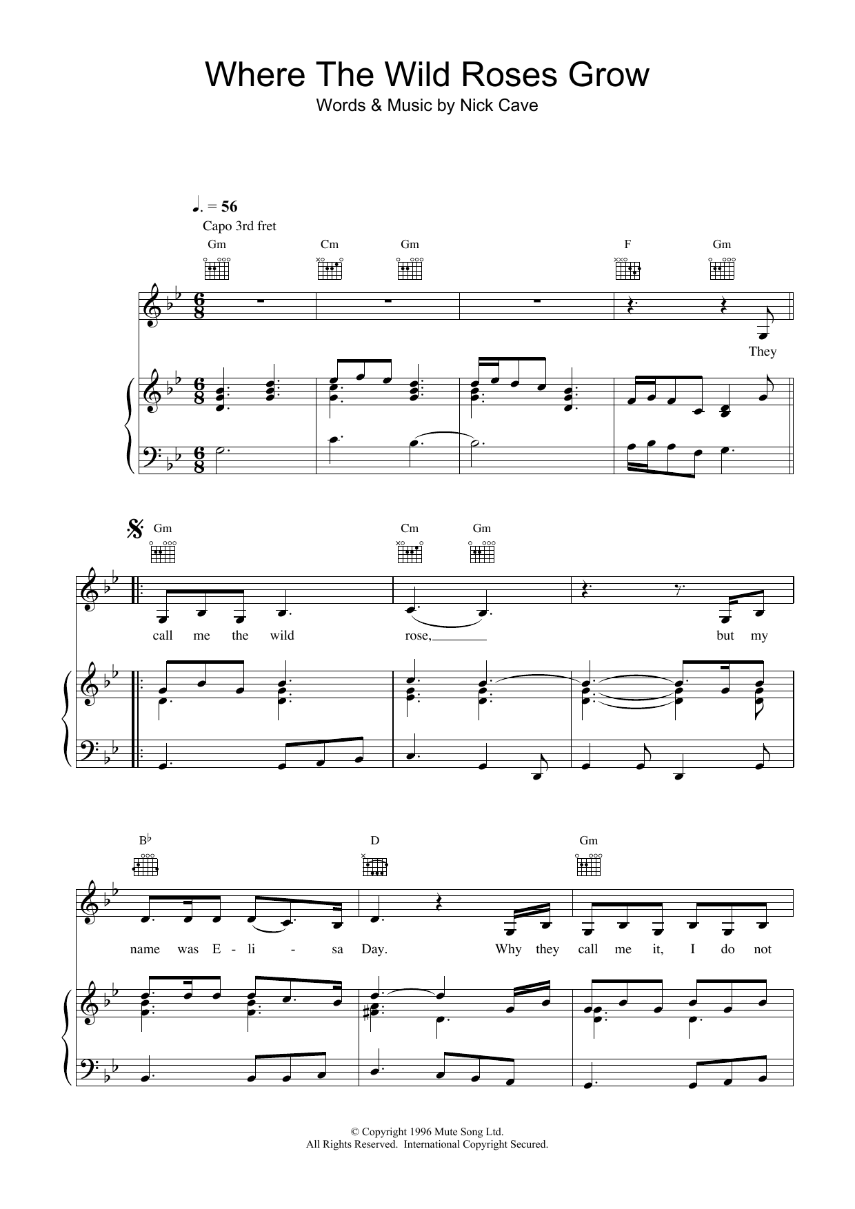 Nick Cave Where The Wild Roses Grow sheet music notes and chords arranged for Guitar Chords/Lyrics
