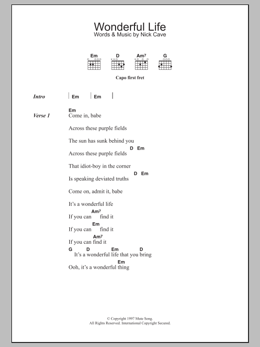 Nick Cave Wonderful Life sheet music notes and chords arranged for Guitar Chords/Lyrics