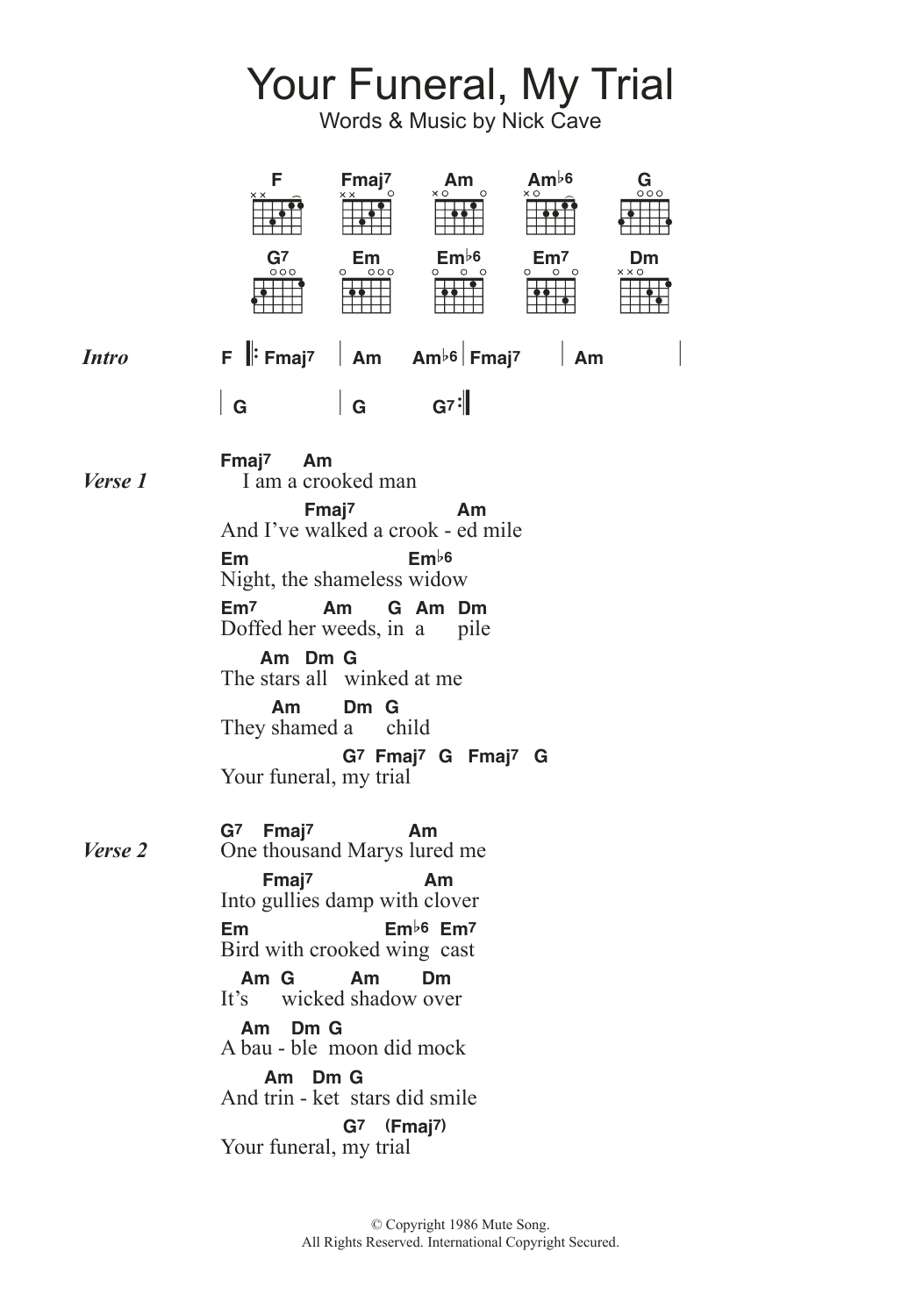 Nick Cave Your Funeral, My Trial sheet music notes and chords arranged for Guitar Chords/Lyrics