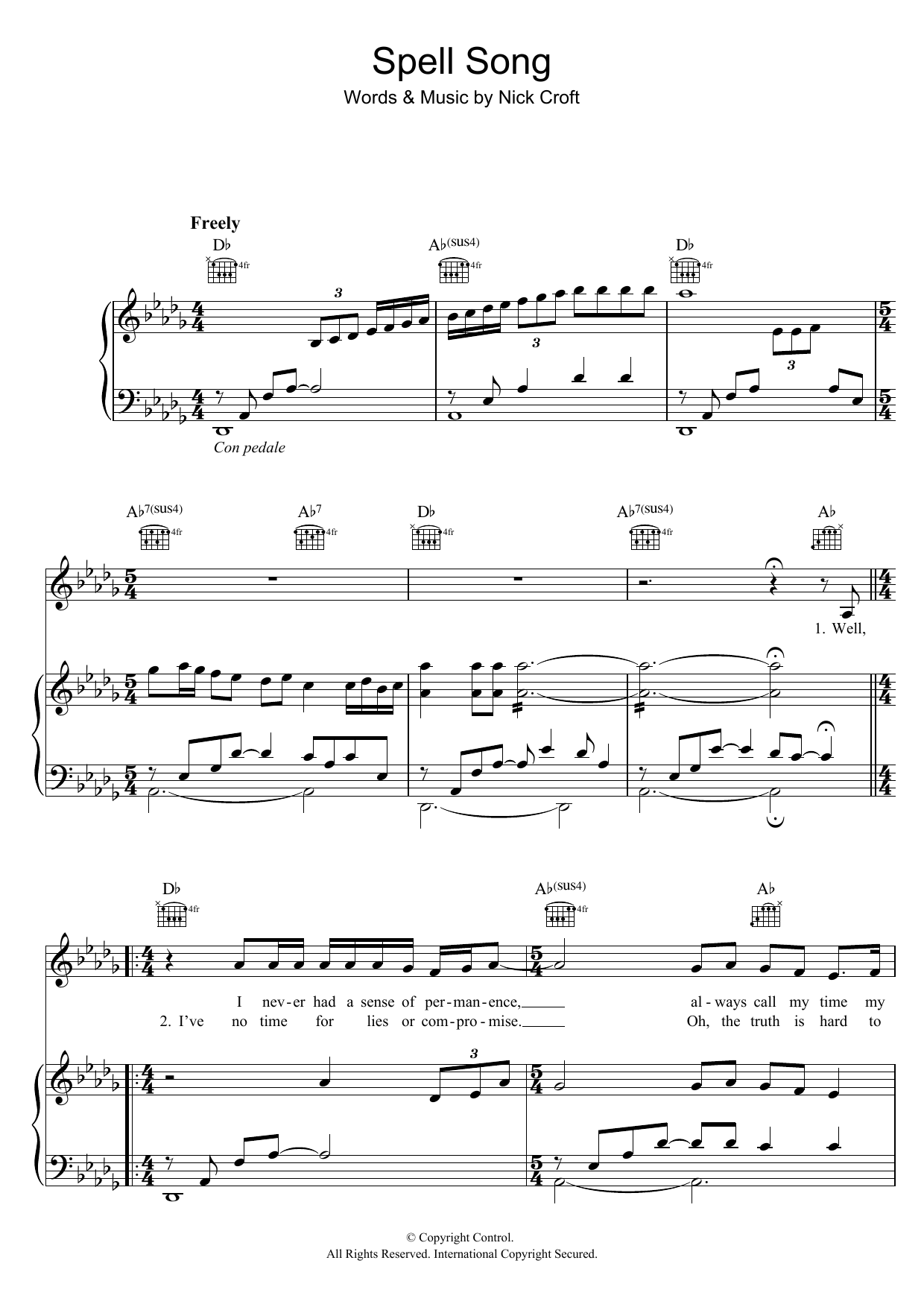 Nick Croft Spellsong sheet music notes and chords arranged for Piano, Vocal & Guitar Chords