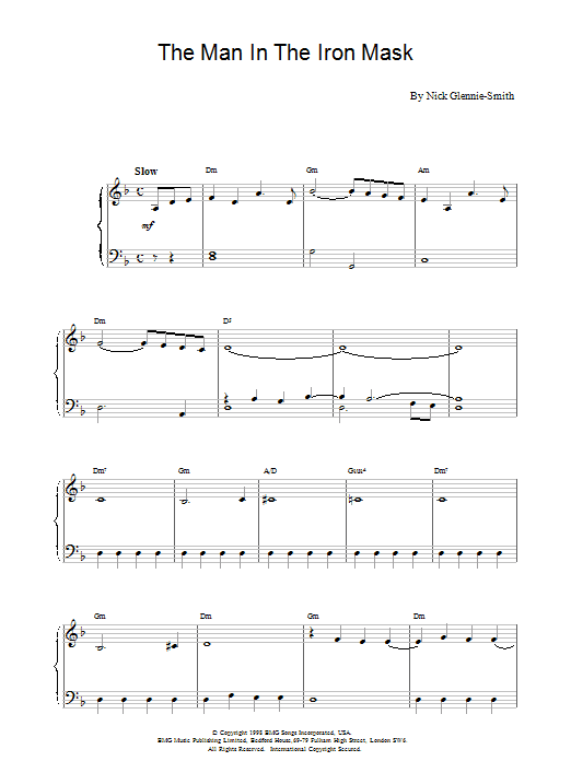 Nick Glennie-Smith The Man In The Iron Mask sheet music notes and chords arranged for Piano Solo