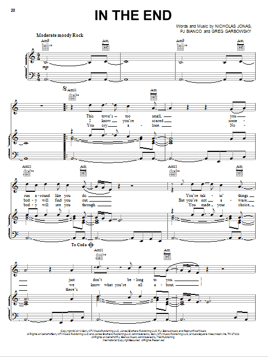 Nick Jonas & The Administration In The End sheet music notes and chords arranged for Piano, Vocal & Guitar Chords (Right-Hand Melody)