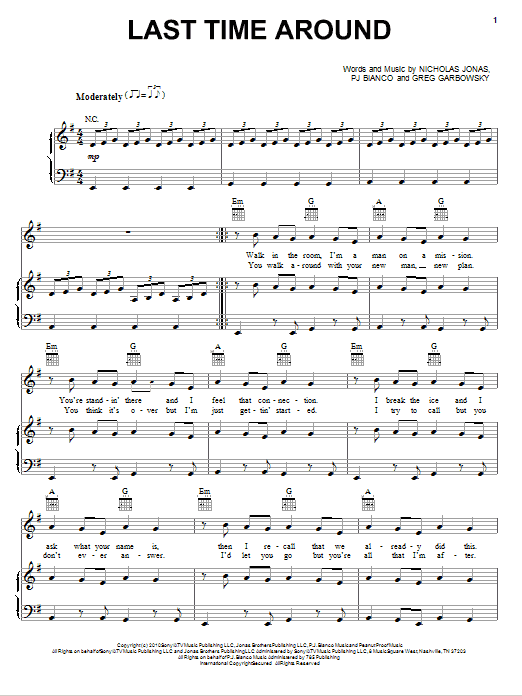 Nick Jonas & The Administration Last Time Around sheet music notes and chords arranged for Piano, Vocal & Guitar Chords (Right-Hand Melody)