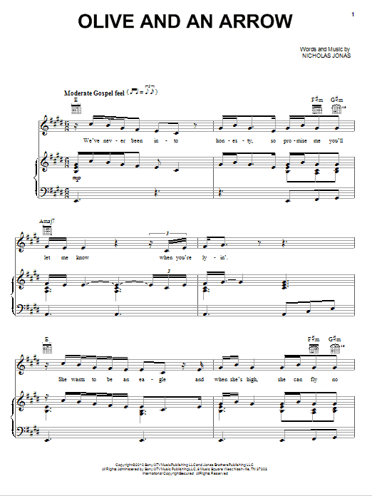 Nick Jonas & The Administration Olive And An Arrow sheet music notes and chords arranged for Piano, Vocal & Guitar Chords (Right-Hand Melody)