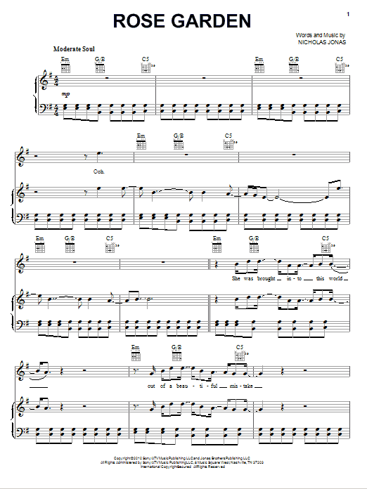 Nick Jonas & The Administration Rose Garden sheet music notes and chords arranged for Piano, Vocal & Guitar Chords (Right-Hand Melody)