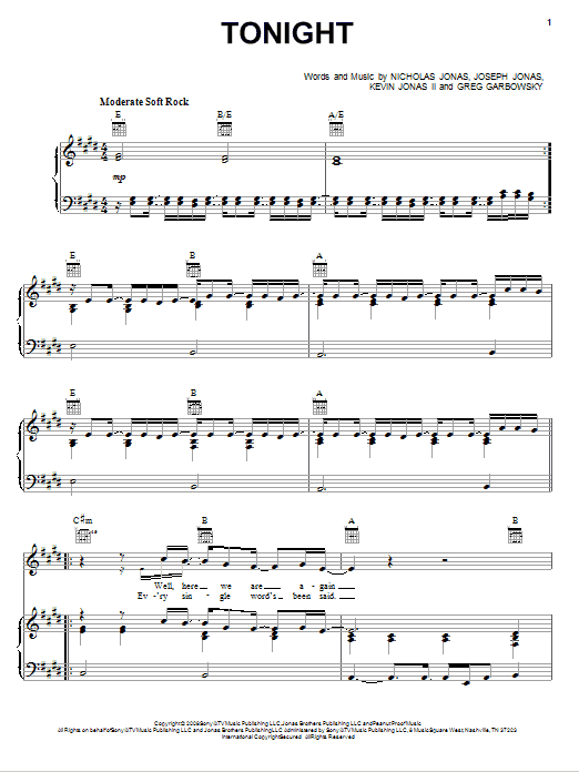 Nick Jonas & The Administration Tonight sheet music notes and chords arranged for Piano, Vocal & Guitar Chords (Right-Hand Melody)
