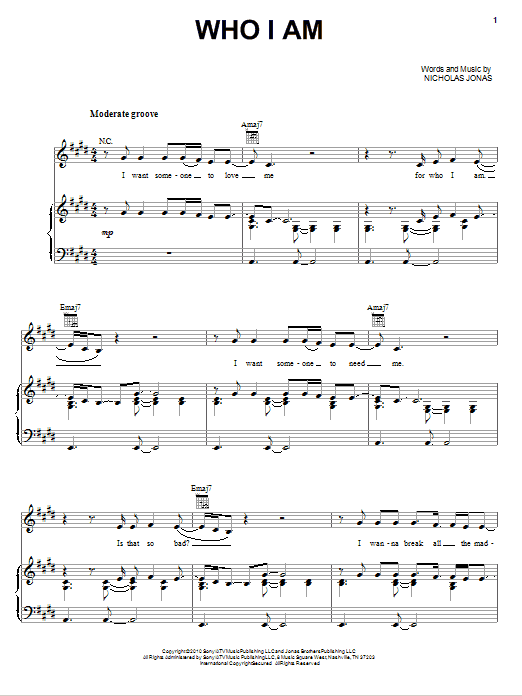 Nick Jonas & The Administration Who I Am sheet music notes and chords arranged for Piano, Vocal & Guitar Chords (Right-Hand Melody)