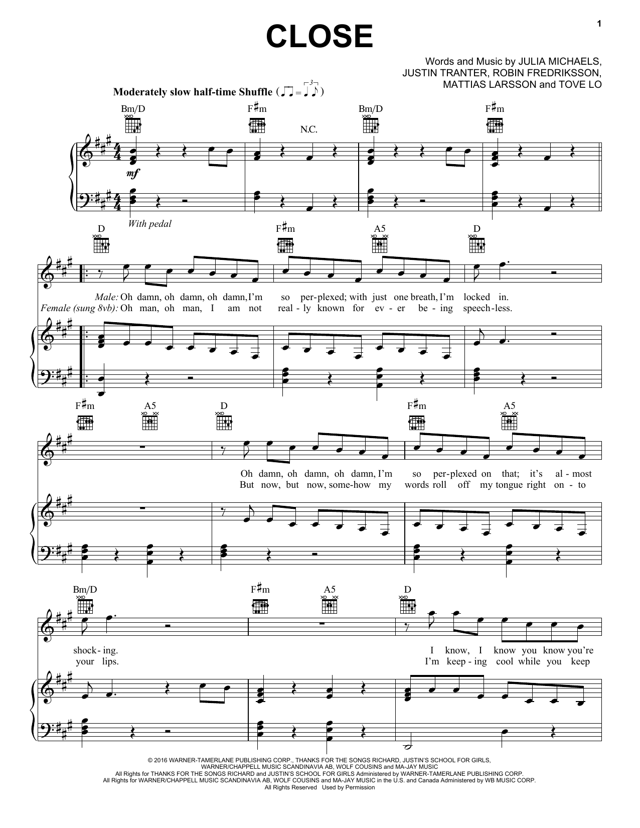 Nick Jonas feat. Tove Lo Close sheet music notes and chords arranged for Piano, Vocal & Guitar Chords (Right-Hand Melody)