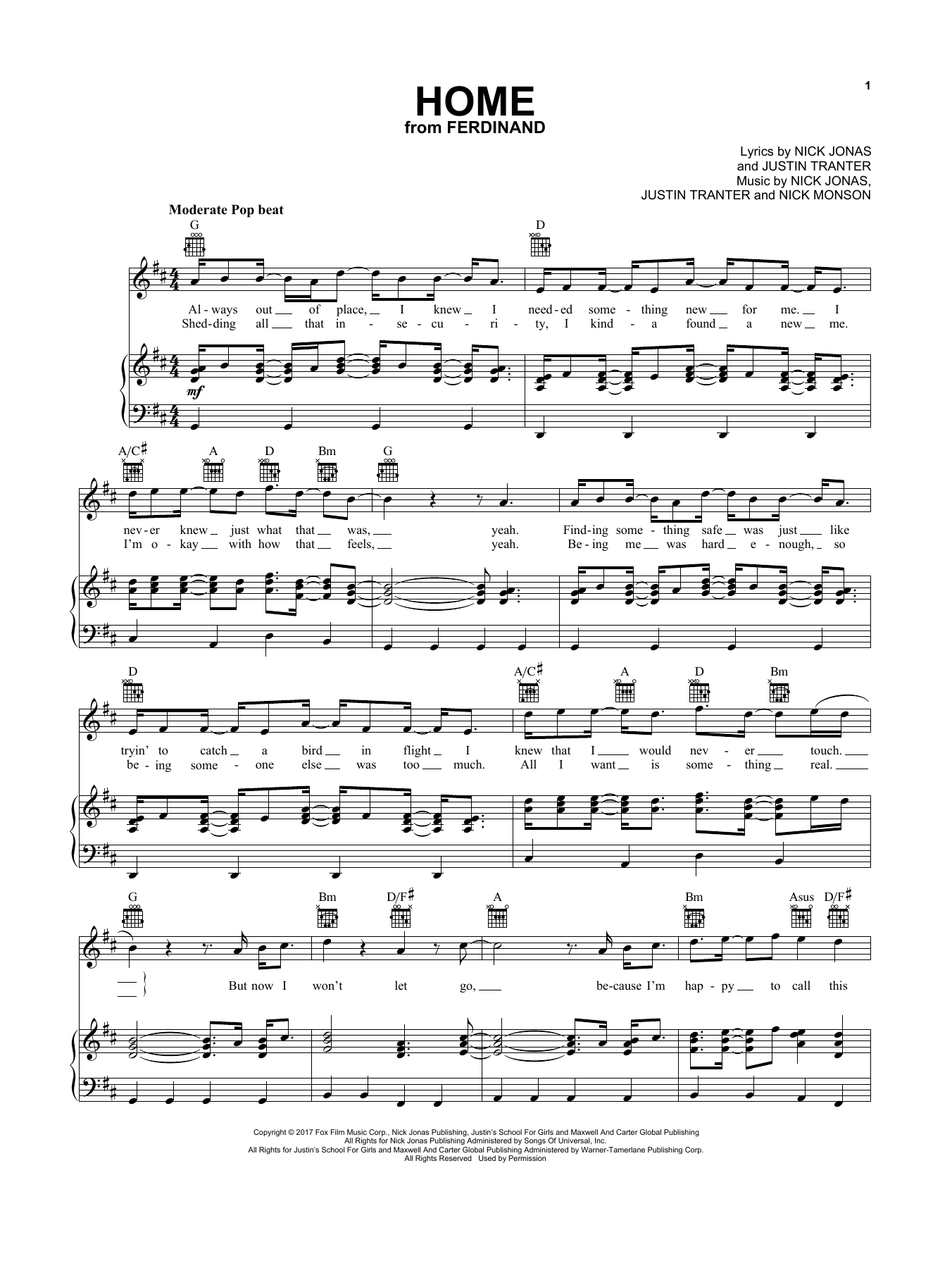 Nick Jonas Home sheet music notes and chords arranged for Piano, Vocal & Guitar Chords (Right-Hand Melody)