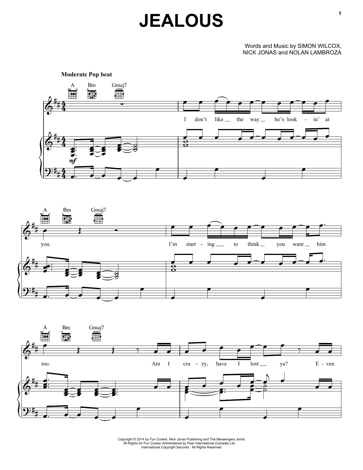 Nick Jonas Jealous sheet music notes and chords arranged for Piano, Vocal & Guitar Chords (Right-Hand Melody)