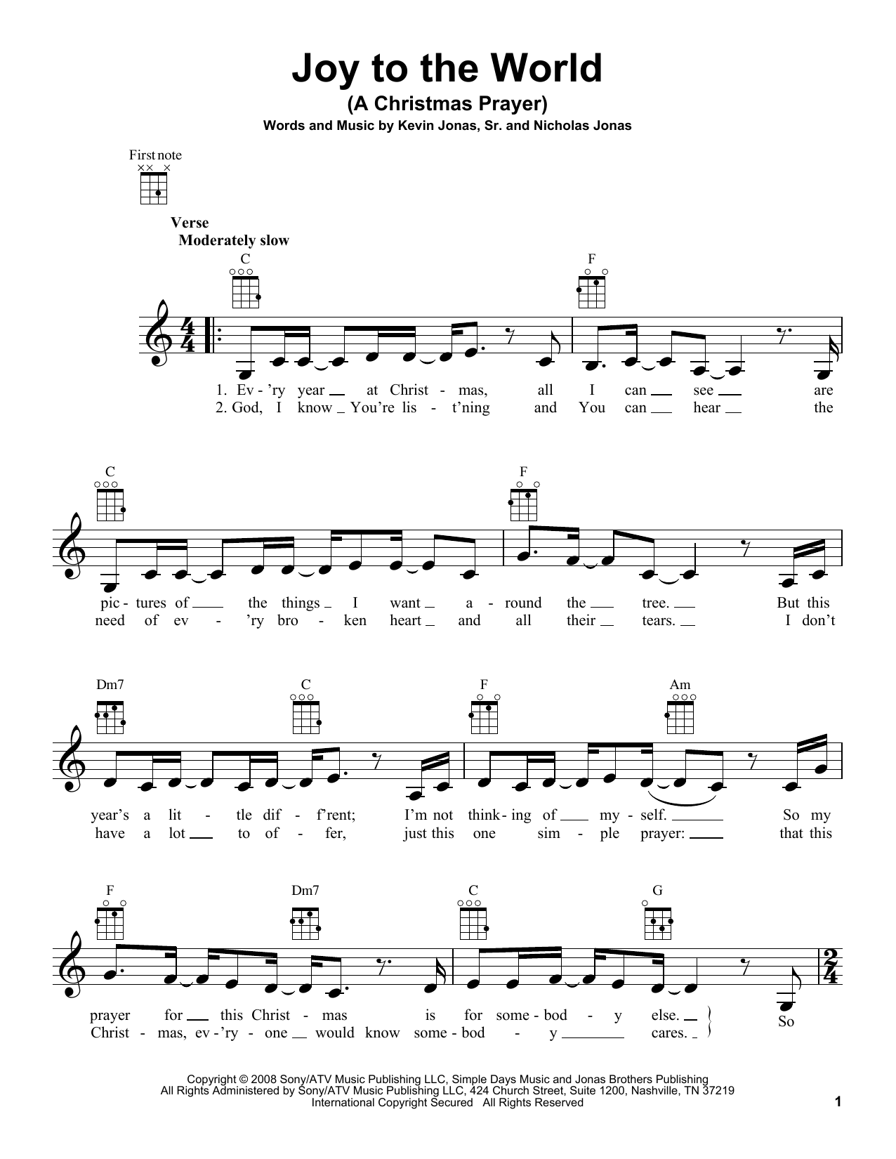 Nick Jonas Joy To The World (A Christmas Prayer) sheet music notes and chords arranged for Ukulele