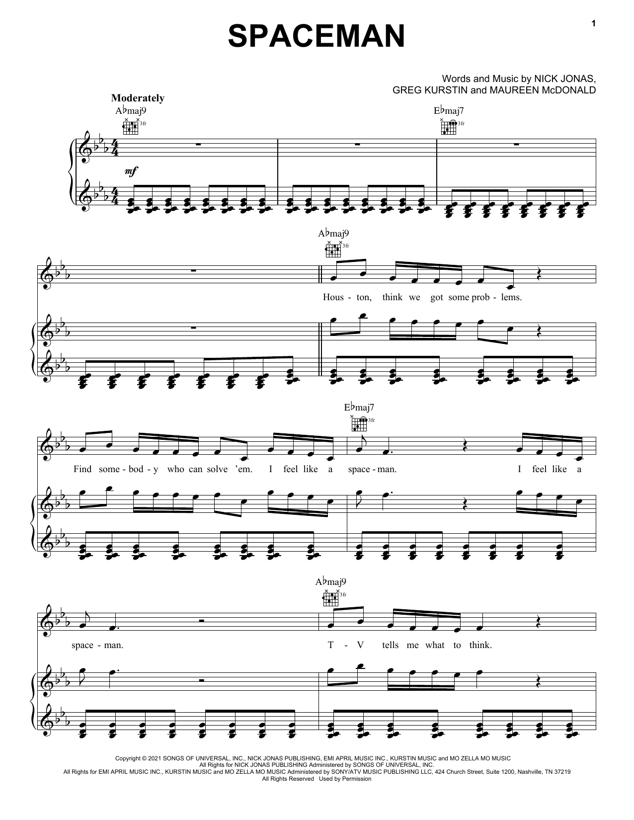 Nick Jonas Spaceman sheet music notes and chords arranged for Piano, Vocal & Guitar Chords (Right-Hand Melody)