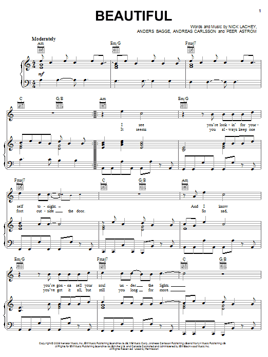 Nick Lachey Beautiful sheet music notes and chords arranged for Piano, Vocal & Guitar Chords (Right-Hand Melody)