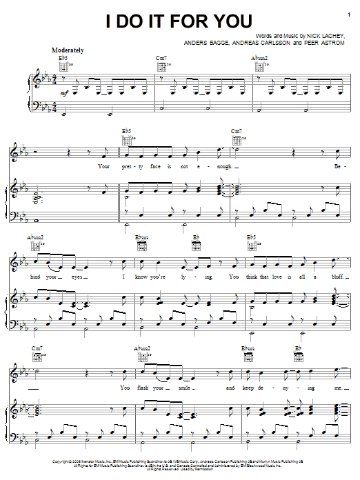 Nick Lachey I Do It For You sheet music notes and chords arranged for Piano, Vocal & Guitar Chords (Right-Hand Melody)