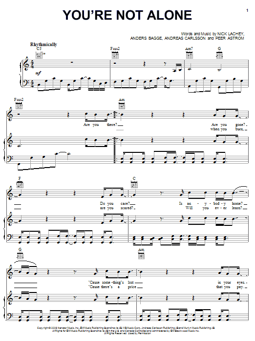 Nick Lachey You're Not Alone sheet music notes and chords arranged for Piano, Vocal & Guitar Chords (Right-Hand Melody)