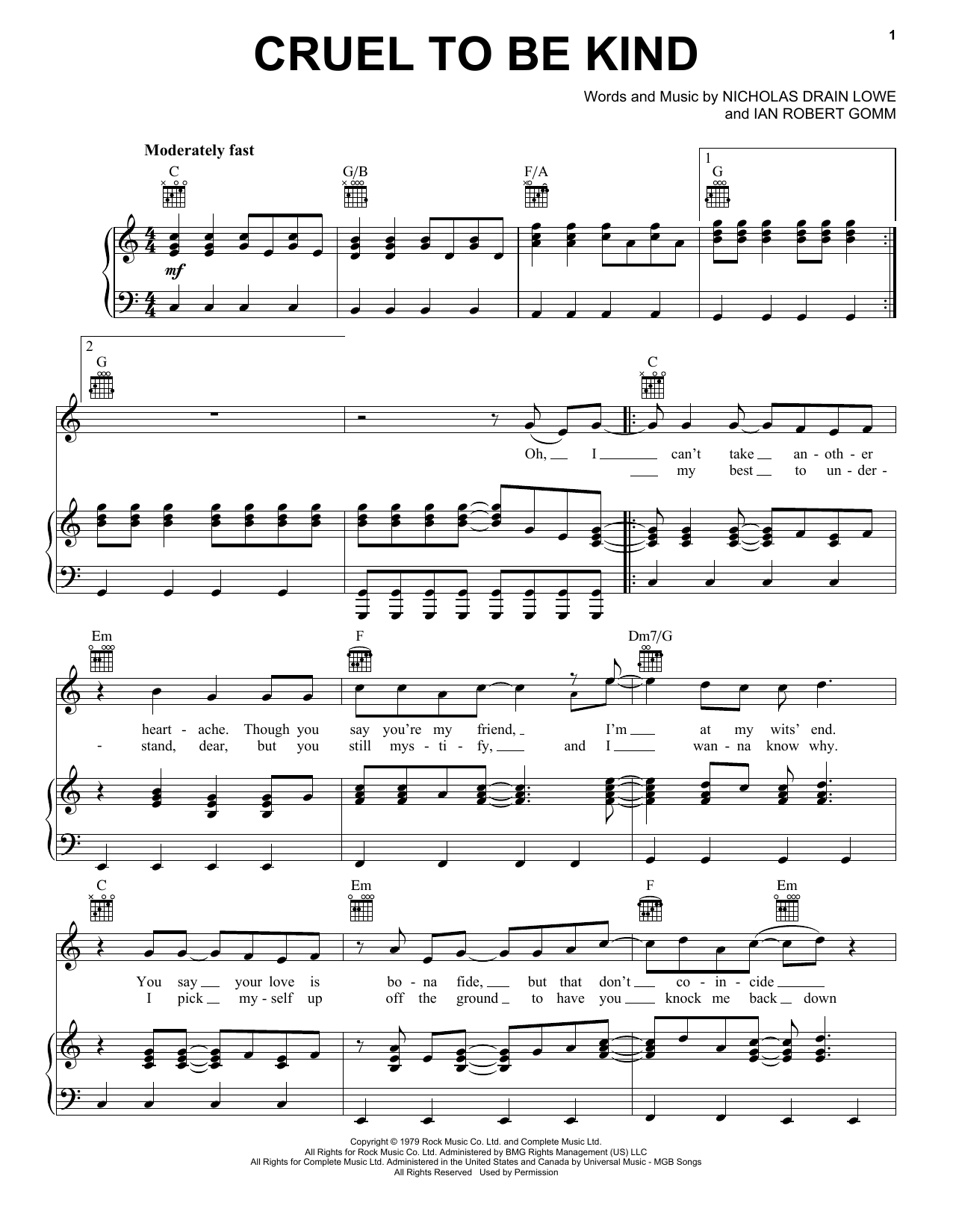 Nick Lowe Cruel To Be Kind sheet music notes and chords arranged for Piano, Vocal & Guitar Chords (Right-Hand Melody)