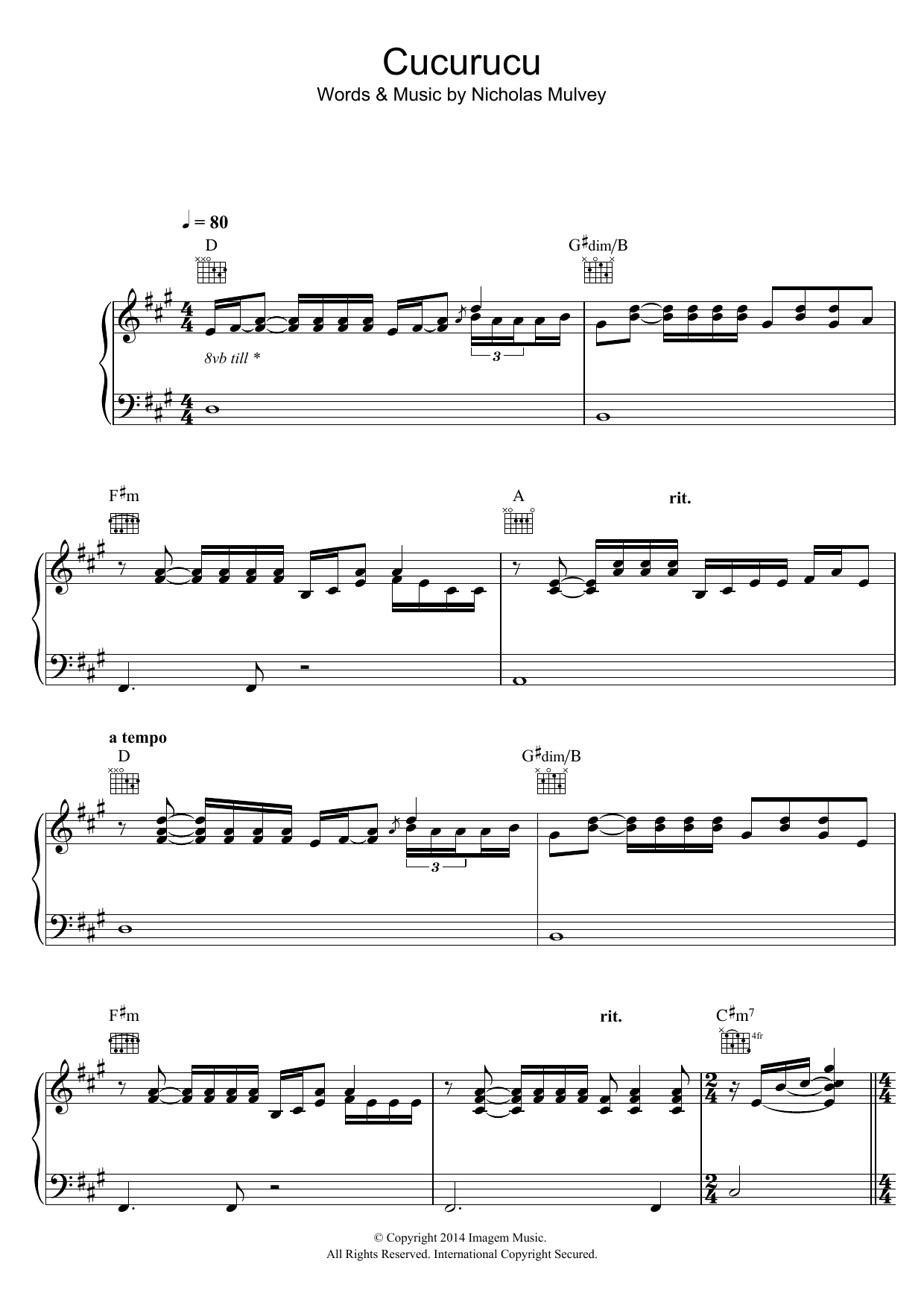 Nick Mulvey Cucurucu sheet music notes and chords arranged for Piano, Vocal & Guitar Chords