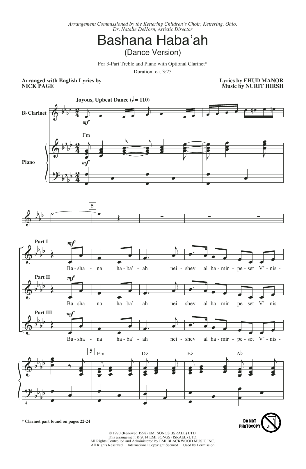 Nick Page Bashana Haba 'Ah sheet music notes and chords arranged for 3-Part Treble Choir