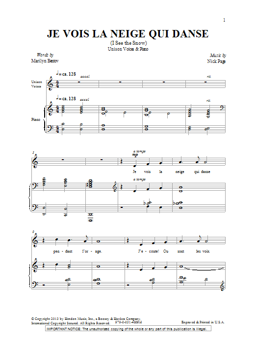 Nick Page Je Vois La Neige Qui Danse sheet music notes and chords arranged for Unison Choir