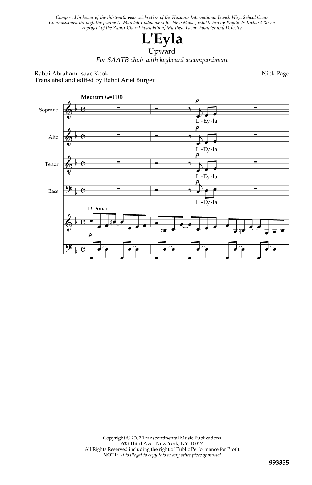 Nick Page L'eyla L'eila Ssatb/keyboard sheet music notes and chords arranged for SATB Choir