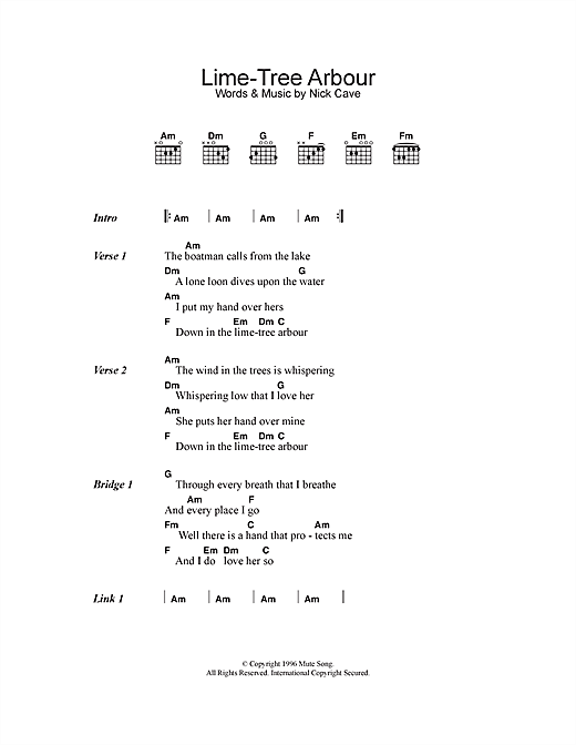 Nick Cave & The Bad Seeds Lime-Tree Arbour sheet music notes and chords arranged for Guitar Chords/Lyrics