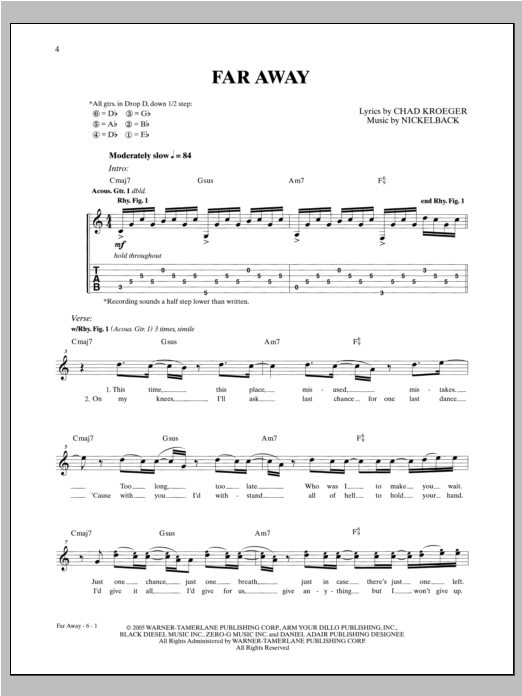 Nickelback Far Away sheet music notes and chords arranged for Guitar Tab