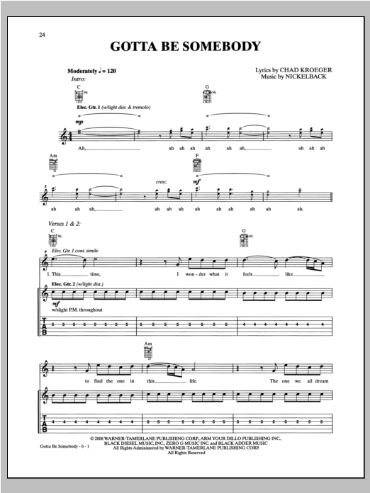 Nickelback Gotta Be Somebody sheet music notes and chords arranged for Guitar Tab