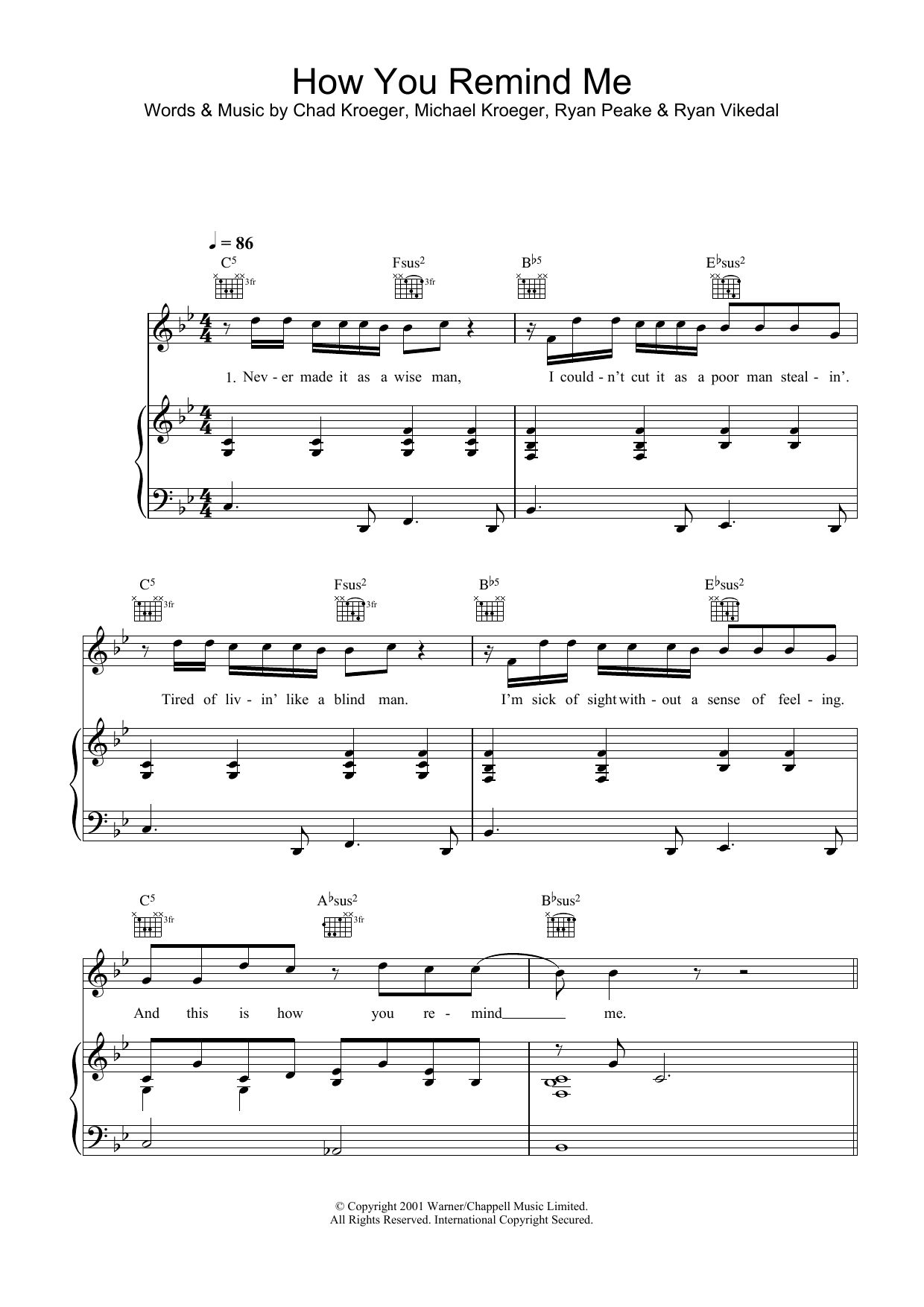 Nickelback How You Remind Me sheet music notes and chords arranged for Piano, Vocal & Guitar Chords