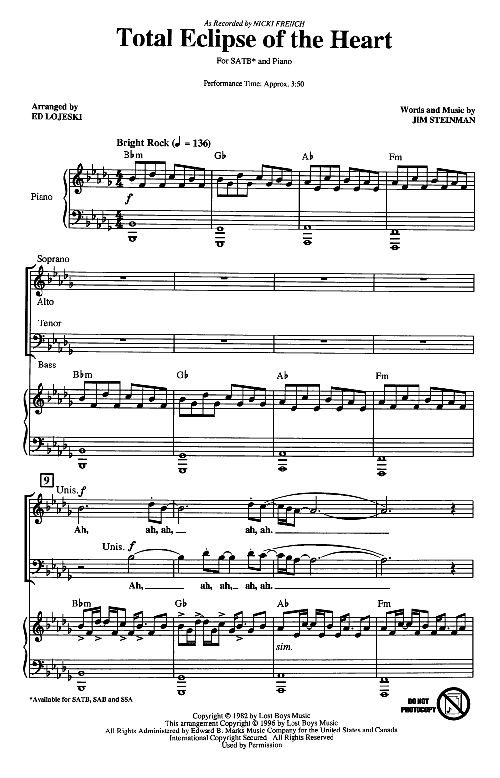 Nicki French Total Eclipse Of The Heart (arr. Ed Lojeski) sheet music notes and chords arranged for SSA Choir
