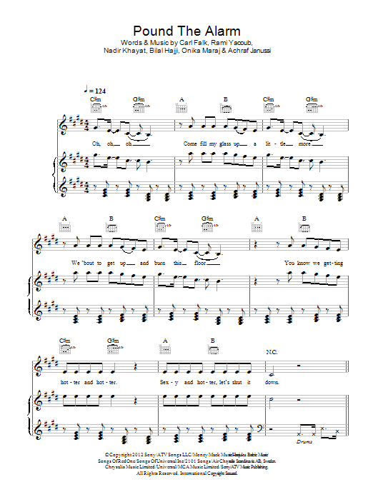 Nicki Minaj Pound The Alarm sheet music notes and chords arranged for Piano, Vocal & Guitar Chords