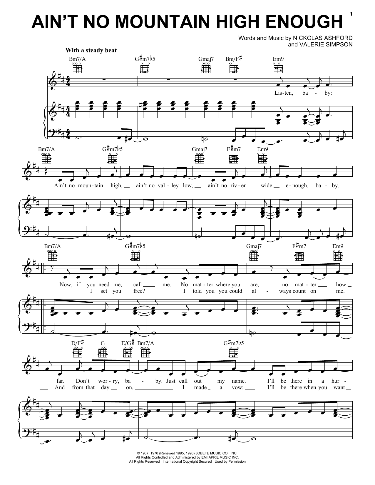 Nickolas Ashford Ain't No Mountain High Enough sheet music notes and chords arranged for Piano, Vocal & Guitar Chords (Right-Hand Melody)