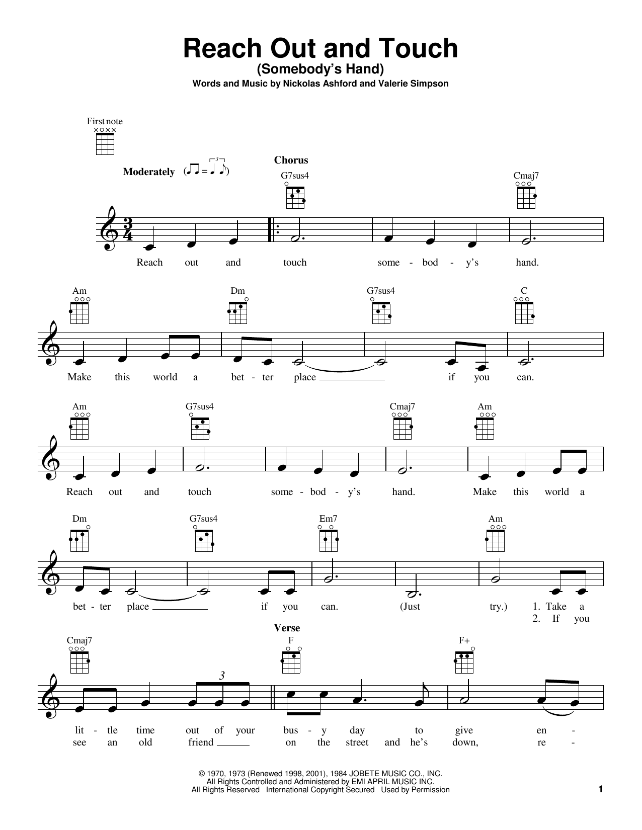 Nickolas Ashford Reach Out And Touch (Somebody's Hand) sheet music notes and chords arranged for Ukulele