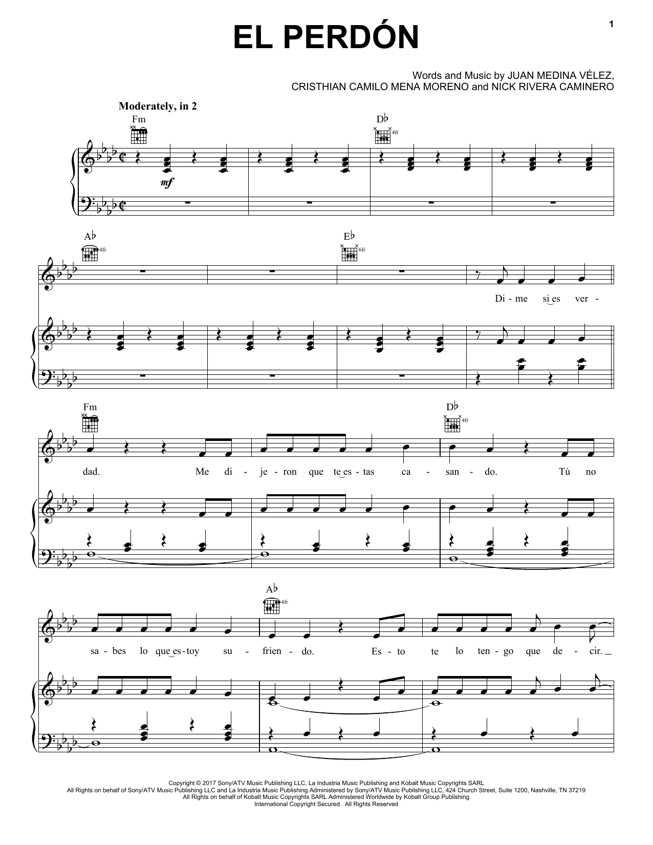 Nicky Jam El Perdon (Feat. Inrique Ignlesias) sheet music notes and chords arranged for Piano, Vocal & Guitar Chords (Right-Hand Melody)