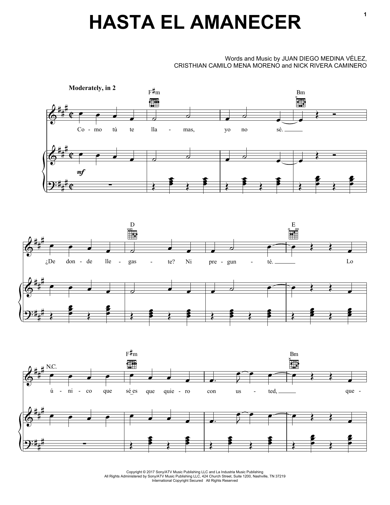 Nicky Jam Hasta El Amanecer sheet music notes and chords arranged for Piano, Vocal & Guitar Chords (Right-Hand Melody)