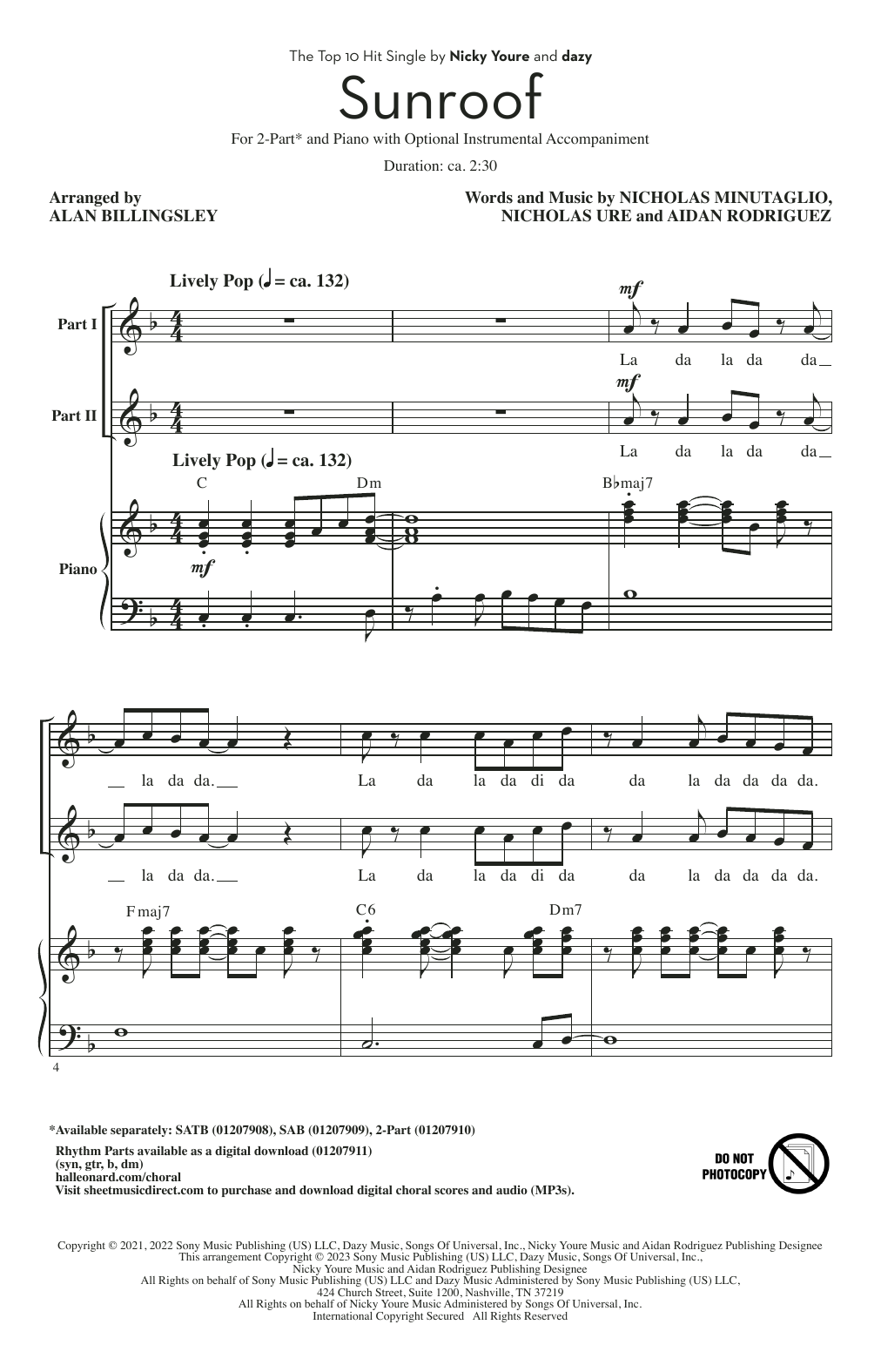 Nicky Youre & dazy Sunroof (arr. Alan Billingsley) sheet music notes and chords arranged for SAB Choir