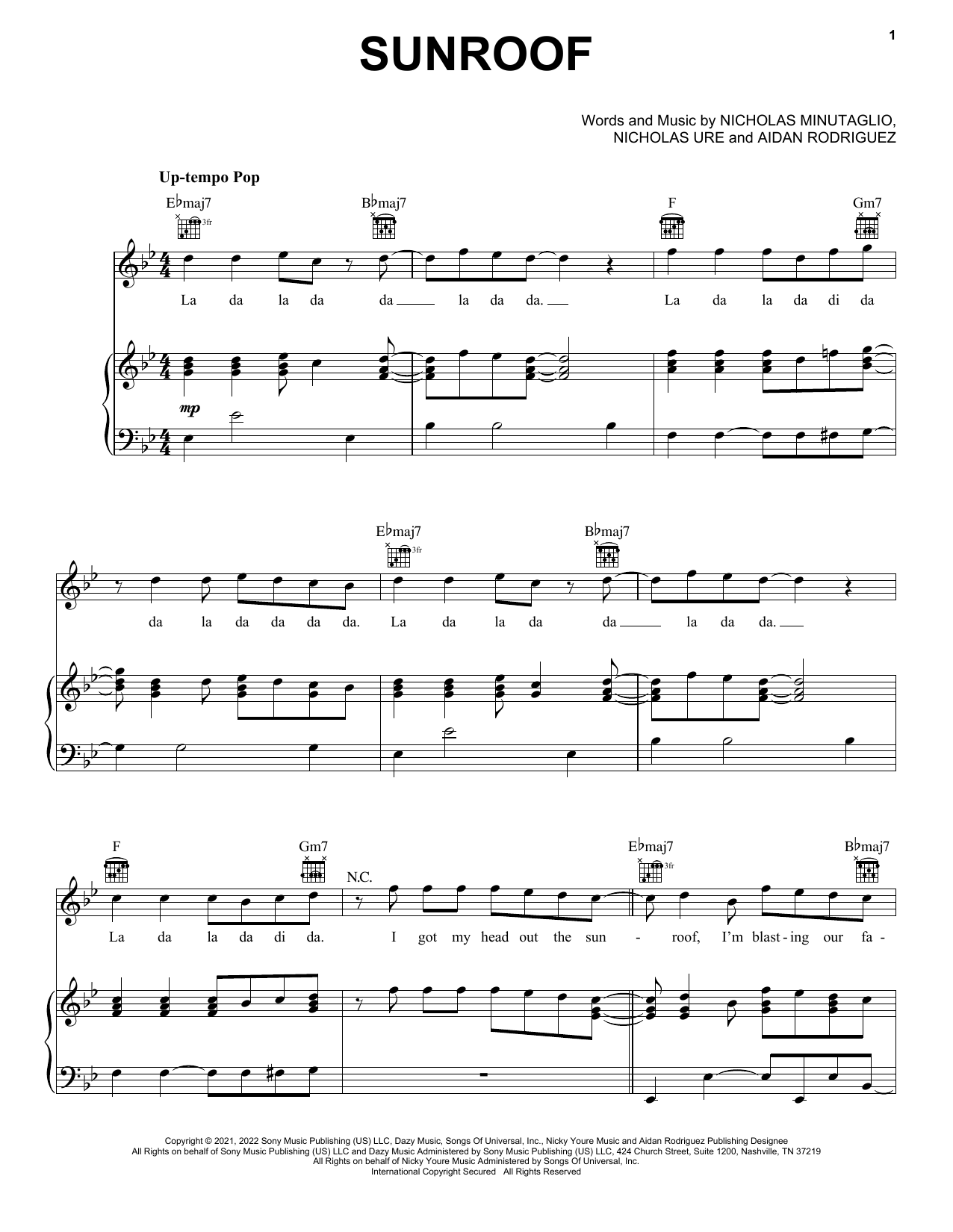 Nicky Youre & dazy Sunroof sheet music notes and chords arranged for Piano, Vocal & Guitar Chords (Right-Hand Melody)