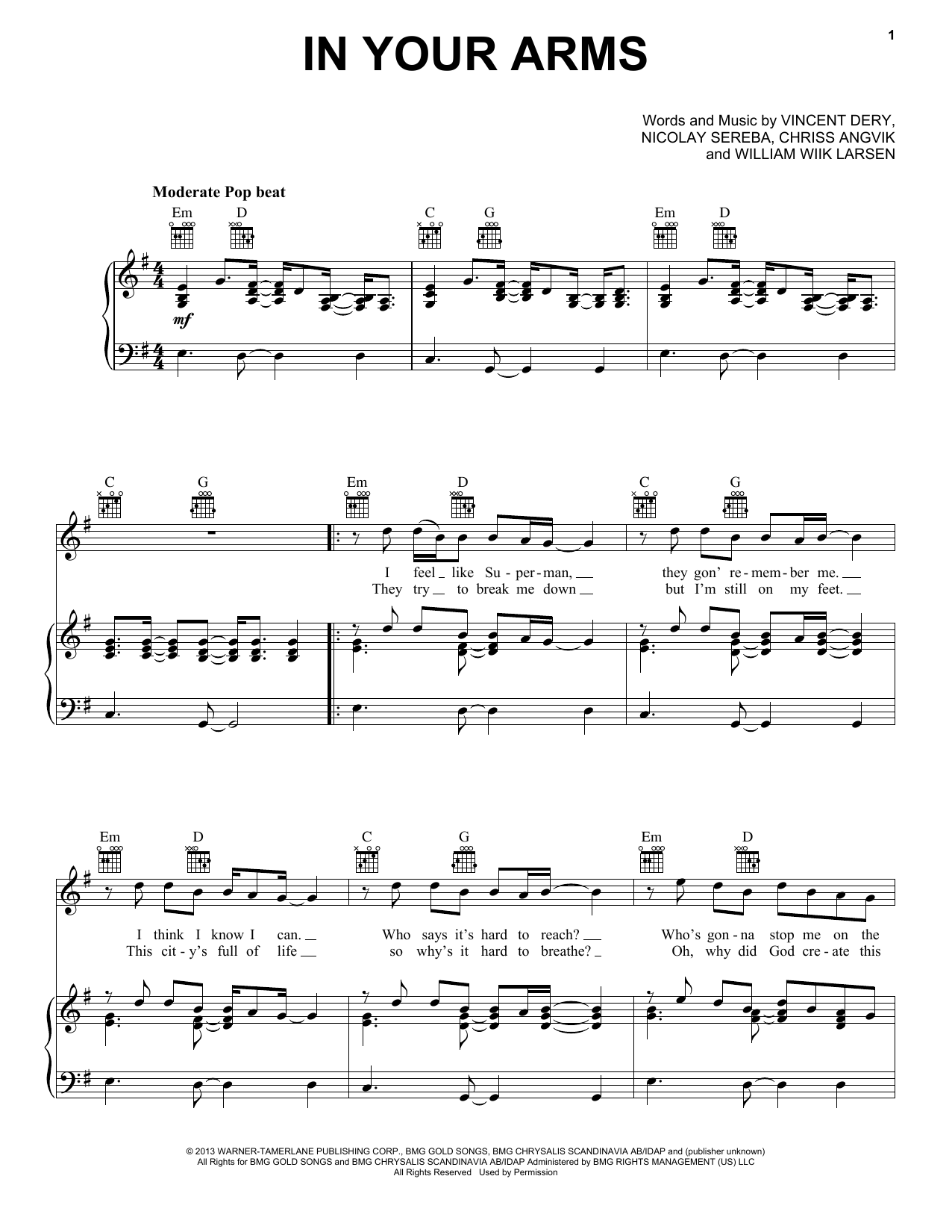 Nico & Vinz In Your Arms sheet music notes and chords arranged for Piano, Vocal & Guitar Chords (Right-Hand Melody)