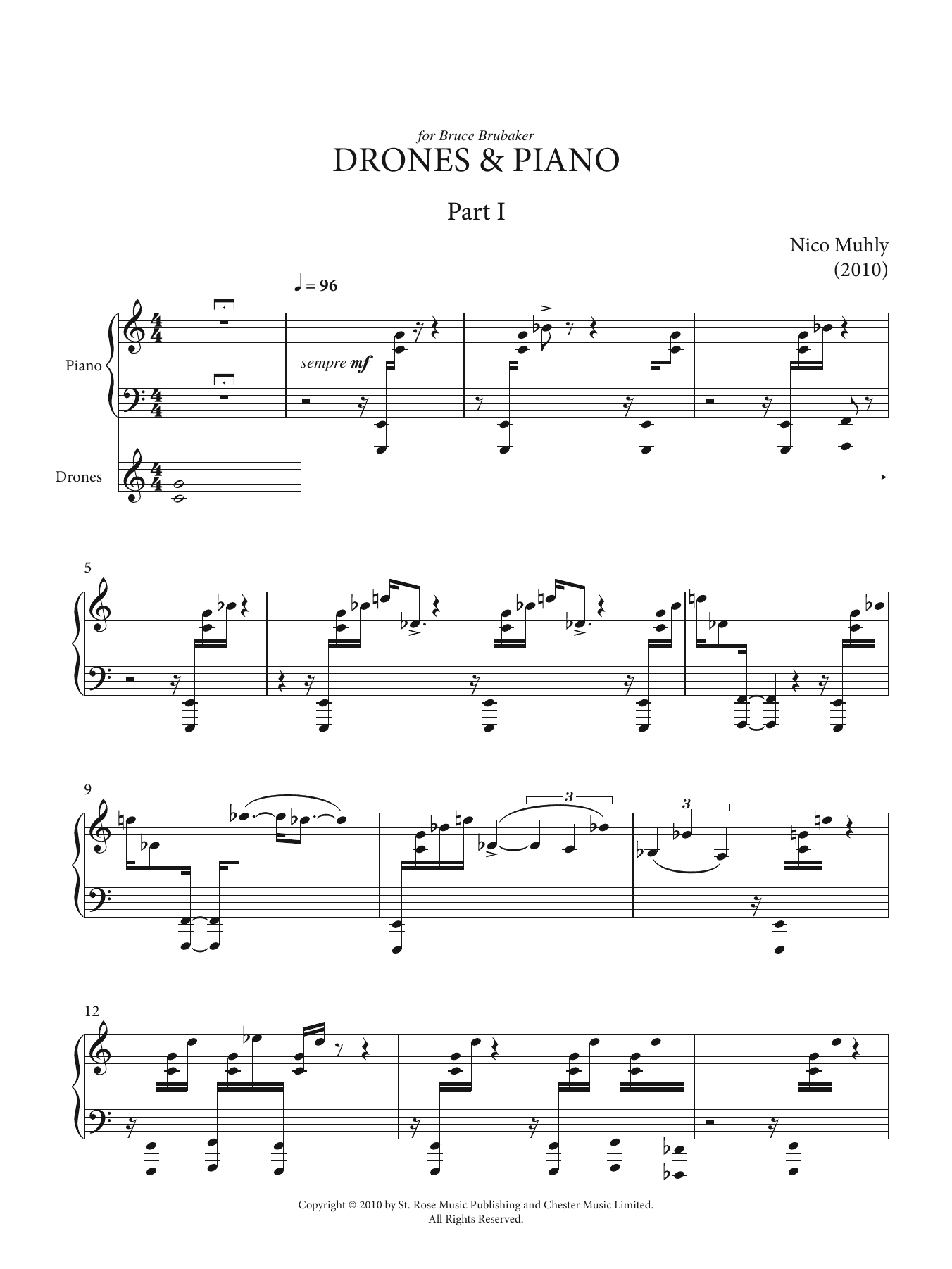 Nico Muhly Drones And Piano sheet music notes and chords arranged for Piano Solo